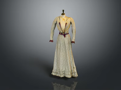 Man Wearing Cream Colored Patterned Long Dress With Red Belt And Ruffled Hem 3d model
