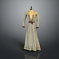 Man Wearing Cream Colored Patterned Long Dress With Red Belt And Ruffled Hem