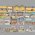 Various Style Market Stalls With Different Canopies And Goods Display Areas