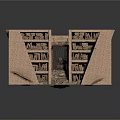 Modern Art Installation Featuring Brick Wall Structure Iron Gate And Layered Bookshelves Filled With Books
