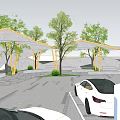 Large Electric Vehicle Charging Parking Lot With Multiple White Cars Charging Stations Trees And Buildings