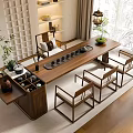 Chinese Style Wooden Tea Table With Matching Chairs And Tea Sets In Bright Interior
