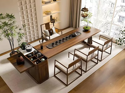 Chinese Style Wooden Tea Table With Matching Chairs And Tea Sets In Bright Interior 3d model