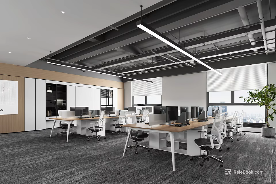 Modern Public Office Space Interior With Desks Computers Chairs And Bright Lighting 3d model 