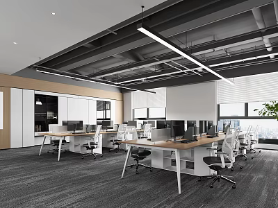 Modern Public Office Space Interior With Desks Computers Chairs And Bright Lighting 3d model
