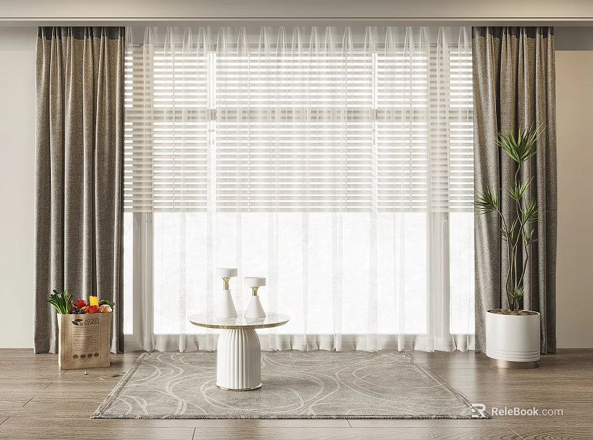 Modern Gray Curtains With White Sheer Blinds Round Table And Potted Plant In Living Room 3d model 