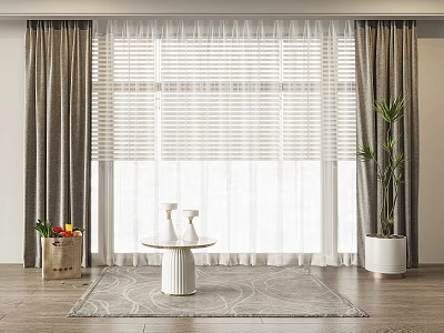 Modern Gray Curtains With White Sheer Blinds Round Table And Potted Plant In Living Room 3d model