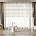 Modern Gray Curtains With White Sheer Blinds Round Table And Potted Plant In Living Room