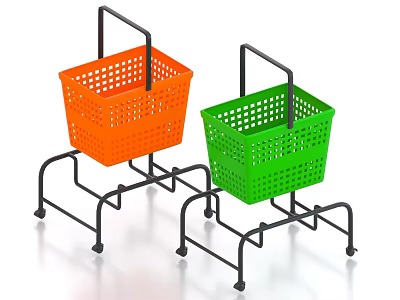 Practical Perforated Shopping Baskets in Orange and Green with Sturdy Metal Stands 3d model