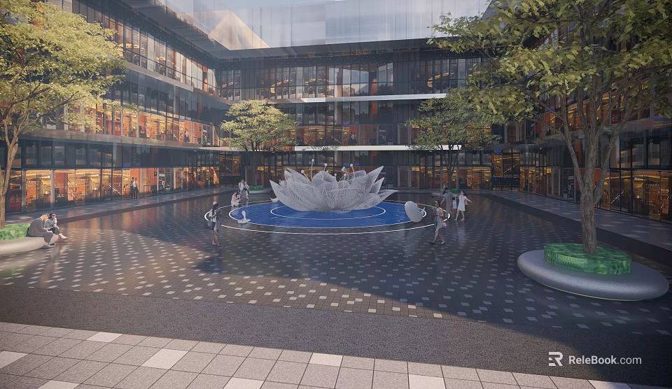 Commercial Street Featuring Central Lotus Fountain Glass Curtain Wall Buildings Trees And Paved Ground 3d model 