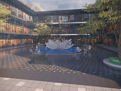 Commercial Street Featuring Central Lotus Fountain Glass Curtain Wall Buildings Trees And Paved Ground 3d model