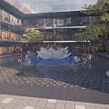 Commercial Street Featuring Central Lotus Fountain Glass Curtain Wall Buildings Trees And Paved Ground