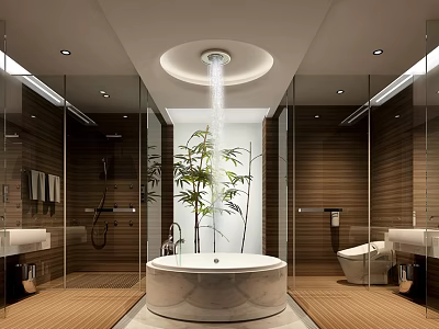Modern Hotel Bathroom Interior with Round Bathtub Glass Shower Enclosure Wooden Walls and Plants 3d model