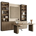 Modern Home Office Desk Chair Set With Wooden Bookshelves Wall Art And Table Lamp
