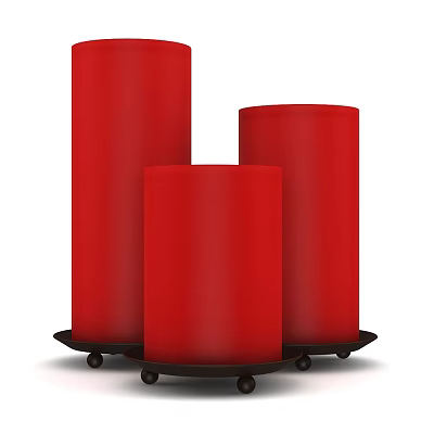 Decorative Ornament Set Featuring Three Red Cylindrical Candles with Black Bases 3d model