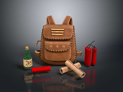 Brown Leather Backpack with Firecrackers Scrolls and Green Bottle on Dark Surface 3d model