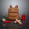 Brown Leather Backpack with Firecrackers Scrolls and Green Bottle on Dark Surface 3d model