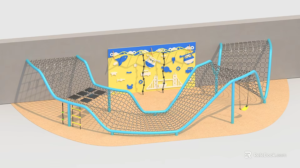 Outdoor Playground Climbing Net Equipment With Blue Frame And Ocean Themed Wall 3d model 