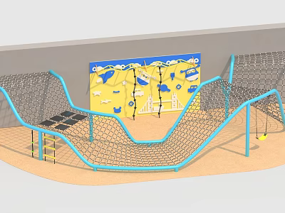 Outdoor Playground Climbing Net Equipment With Blue Frame And Ocean Themed Wall 3d model