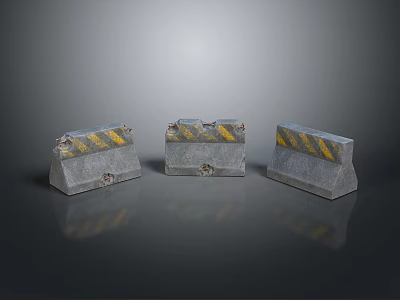 Three Concrete Barriers With Yellow And Black Stripes On Gray Reflective Surface 3d model