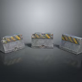 Three Concrete Barriers With Yellow And Black Stripes On Gray Reflective Surface