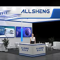 ALLSHENG Modern Blue White Exhibition Booth with DNA Structure Cell Display Reception Desk Chairs and Plants