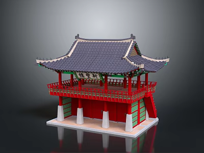 Traditional Asian Tower With Purple Tiled Roof Red Pillars Decorative Eaves And Green Red Walls 3d model