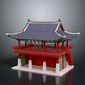 Traditional Asian Tower With Purple Tiled Roof Red Pillars Decorative Eaves And Green Red Walls