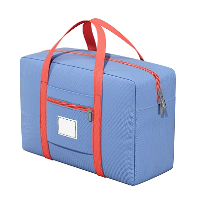 Blue Travel Storage Bag with Red Straps White Label and Zipper Design 3d model