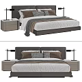 Modern Double Bed With Upholstered Headboard Wooden Nightstands And Plush Checkered Pillows