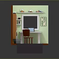 Cartoon Style Study Room With Green Walls Bookcase Desk Laptop Orange Chair And Scattered Papers