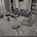 Elegant Modern Sofa and Coffee Table Set with Pillows Armchair and Patterned Rug 3d model