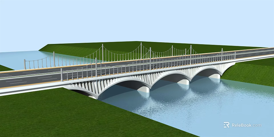 Scenic White Bridge With Arched Spans And Cable Railings Over River By Green Grass 3d model 