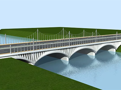 Scenic White Bridge With Arched Spans And Cable Railings Over River By Green Grass 3d model