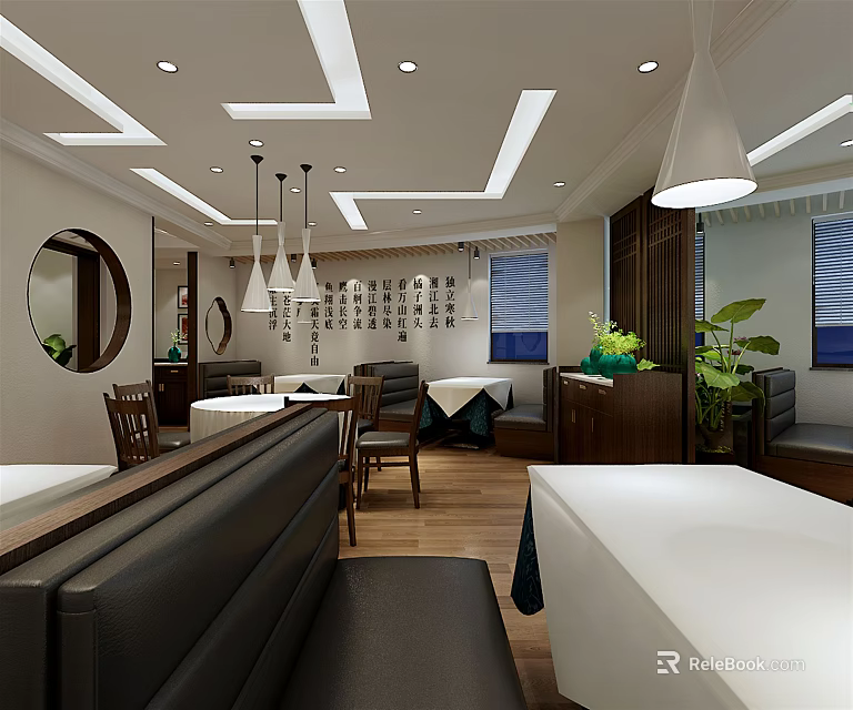 Modern Restaurant Interior With Ceiling Lights Round Mirror Wooden Flooring And Green Plants 3d model 