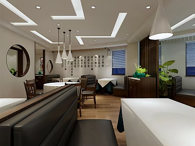 Modern Restaurant Interior With Ceiling Lights Round Mirror Wooden Flooring And Green Plants 3d model