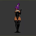 3D Character With Purple Ponytail In Orange Black Bodysuit Sitting On Bar Stool Holding Glass