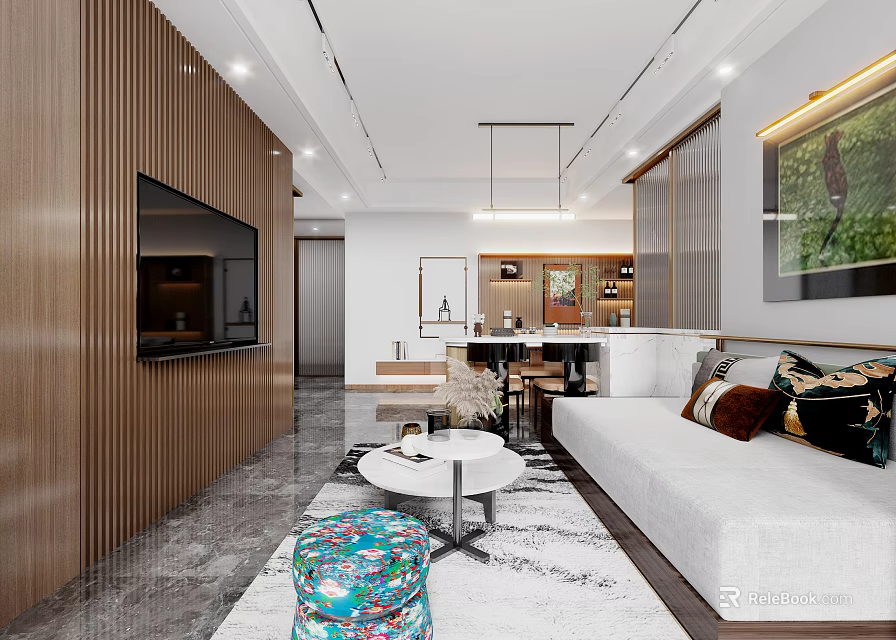 Modern Living Dining Room Interior With Sofa Coffee Table TV Wall Pendant Lights And Decorative Rug 3d model 
