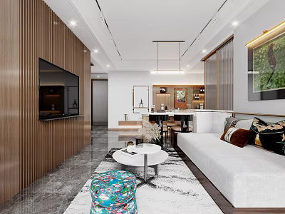 Modern Living Dining Room Interior With Sofa Coffee Table TV Wall Pendant Lights And Decorative Rug 3d model