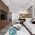 Modern Living Dining Room Interior With Sofa Coffee Table TV Wall Pendant Lights And Decorative Rug