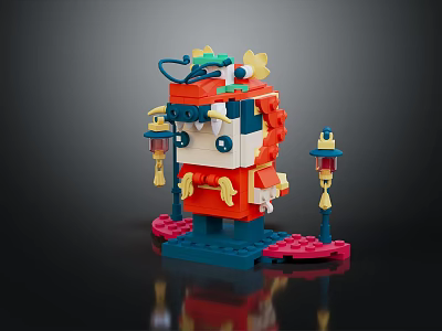 Traditional Themed Building Blocks Model With Decorative Lanterns Red Blue Details And Stable Base 3d model