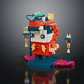 Traditional Themed Building Blocks Model With Decorative Lanterns Red Blue Details And Stable Base