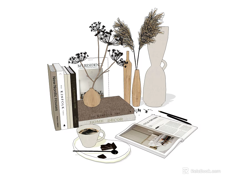 Minimalist Decorative Ornament Combination With Wooden Vases Dried Flowers Books And Coffee Cup 3d model 