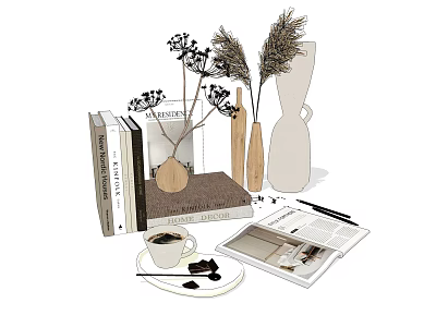 Minimalist Decorative Ornament Combination With Wooden Vases Dried Flowers Books And Coffee Cup 3d model