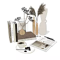 Minimalist Decorative Ornament Combination With Wooden Vases Dried Flowers Books And Coffee Cup