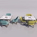 Modern Dining Table Set With Teal And Yellow Chairs Patterned Tabletop And Wooden Legs 3d model