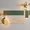 Modern Wall Decorations with Geometric Panels Green Beige Tones Flower Bouquets and LED Lighting