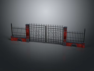 Wrought Iron Entrance Gate With Red Brick Pillars And Ornate Black Metal Design 3d model