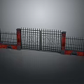 Wrought Iron Entrance Gate With Red Brick Pillars And Ornate Black Metal Design