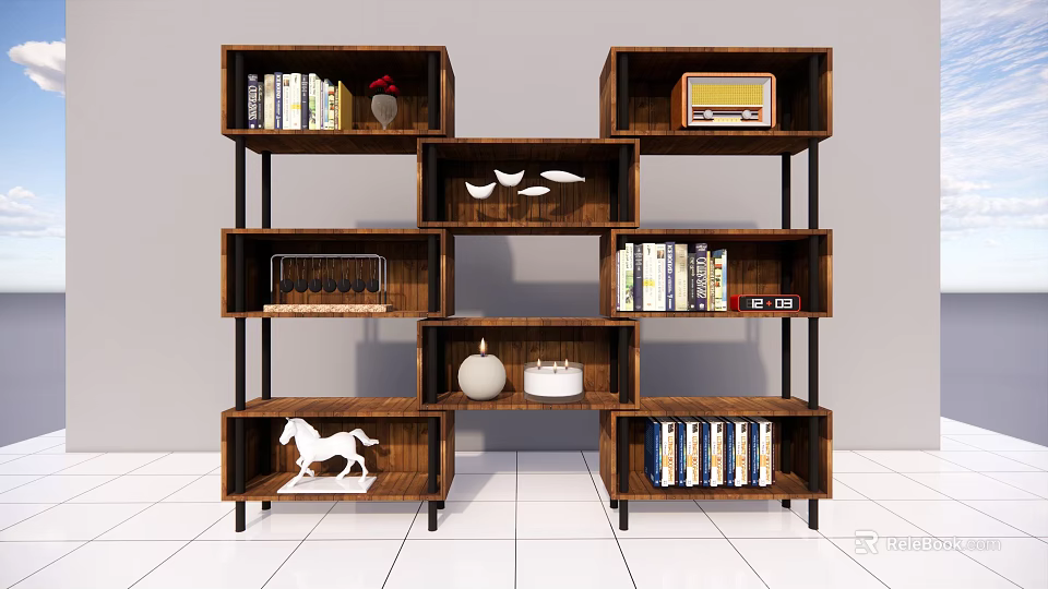 Modern Wooden Bookcase With Open Shelving Multiple Compartments Books Vintage Radio And White Horse Figurine 3d model 
